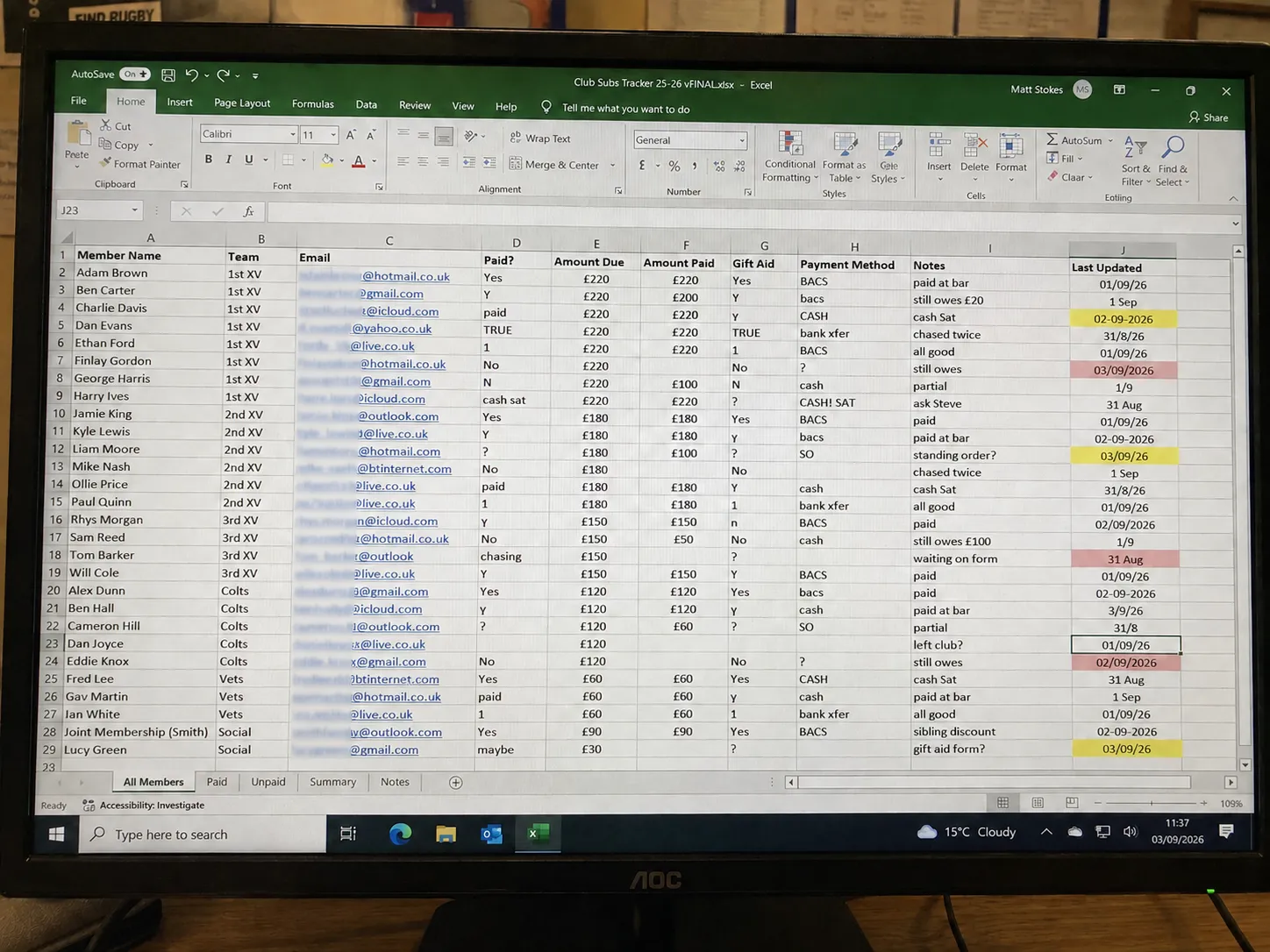 A spreadsheet titled Club Subs Tracker on a desktop monitor, listing members, teams, email addresses and amounts, with a Paid column filled in inconsistently and several cells highlighted.