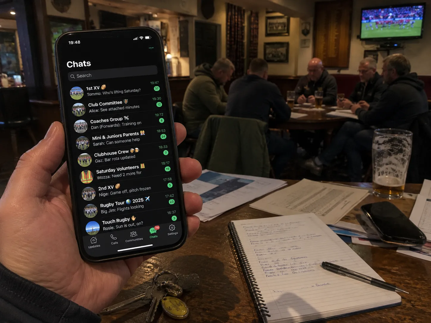 A phone held up in a clubhouse showing a messaging app with nine club group chats, each carrying unread message badges, while a committee meeting goes on at a table behind.