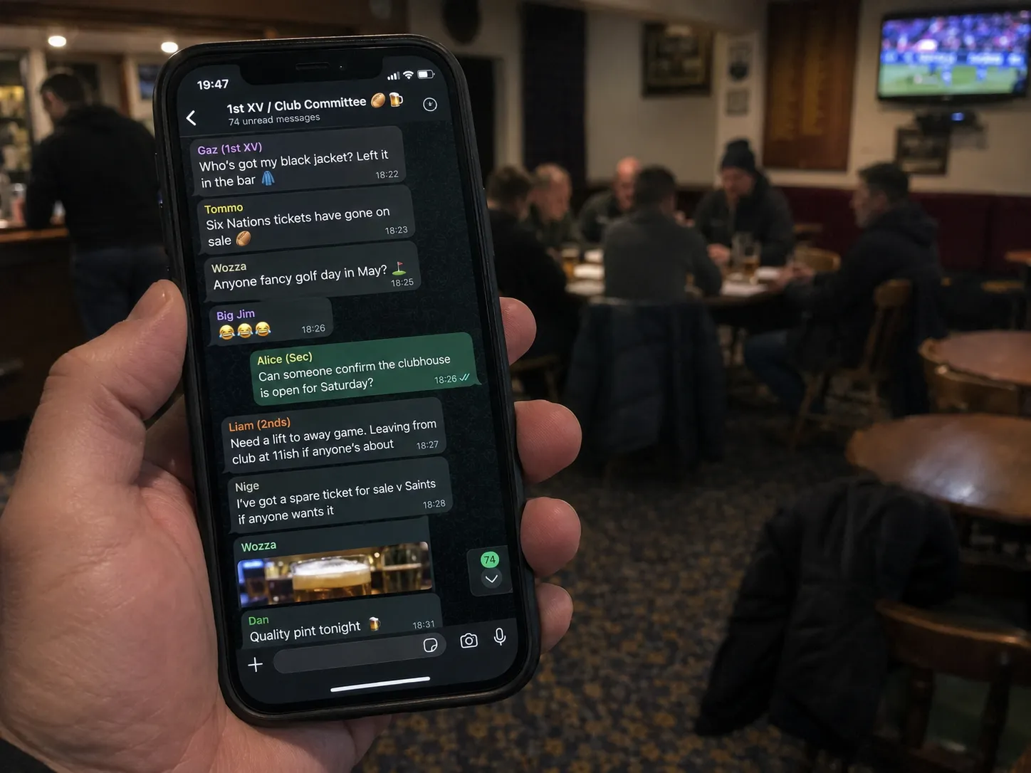 A club group chat on a phone: a request about a lost jacket, Six Nations tickets and a golf day, with the secretary's question about whether the clubhouse is open on Saturday buried among them.